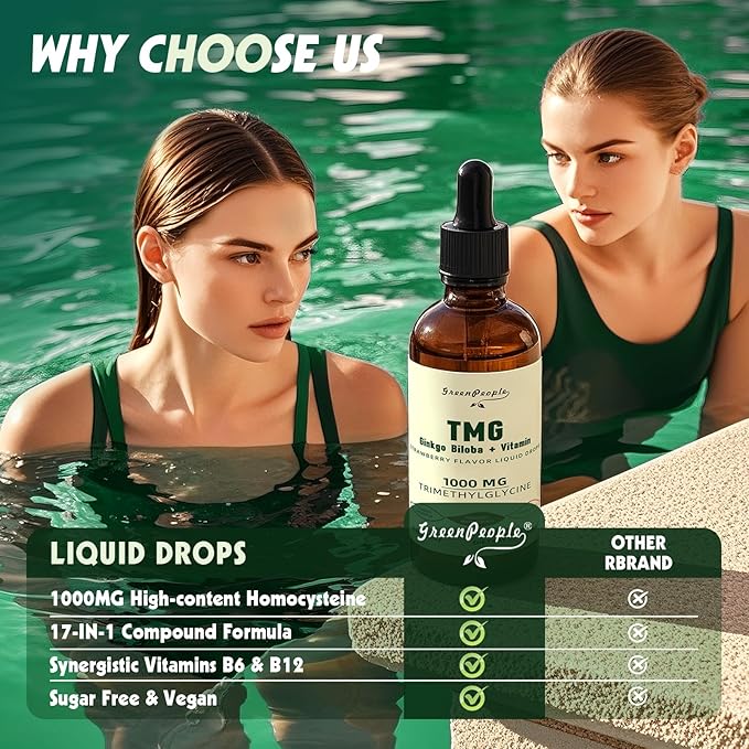 TMG Supplements 1000MG Liquid - 16-in-1 Trimethylglycine for Liver, Energy & Methylation Support - w/Ginkgo Biloba & Vitamins - Vegan High Absorption - Strawberry Flavor 1 Fl.Oz (2 Pack)