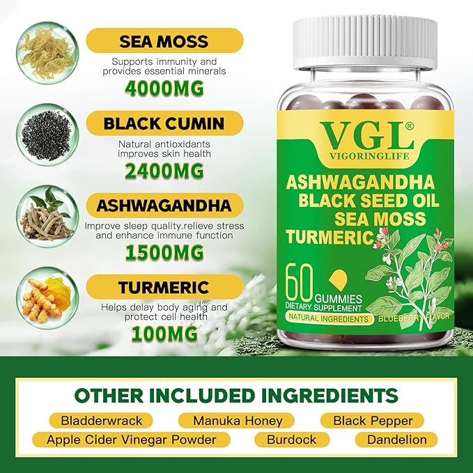 Ashwagandha Gummies for Women & Men - Vegan, Non-GMO, Gluten Free, Ashwagandha Supplements for Stress Relief, Blueberry Flavor, 60 Count