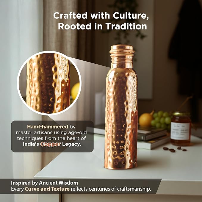 New Launch Copper Water Bottle 34 Ounces | 100% Pure Copper For Ayurveda Health Benifit | Hammered Design Handmade For Drinking Water | Tested Leak Proof Lid