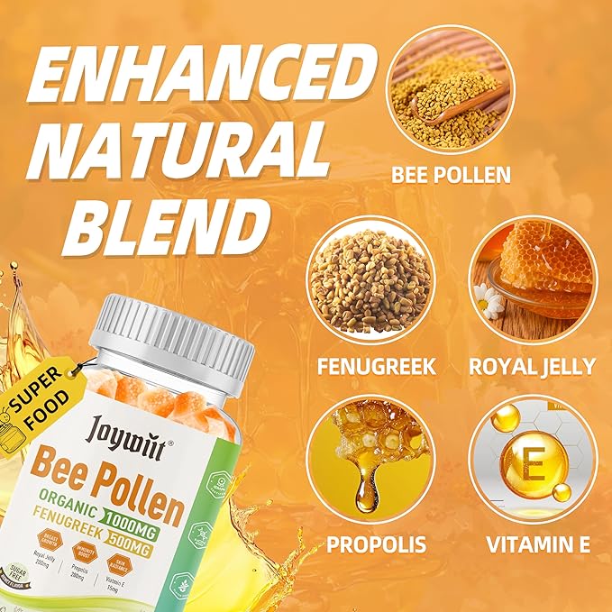 Bee Pollen 1000mg Sugar Free Gummies, w/Fenugreek, Royal Jelly, Propolis, Organic Bee Pollen Chewable Supplement for Women, Rich in Vitamin E, Immunity & Skin Care, 60 Counts