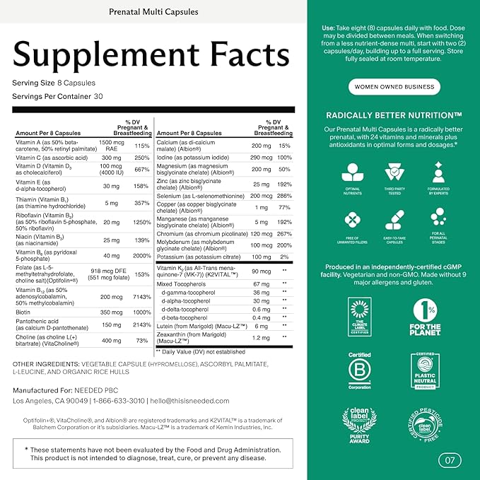 Needed. Prenatal Multivitamin with Citrus Scent Insert - Complete Prenatal Multi for Before, During, & After Pregnancy - 26 Optimal Nutrients Including Choline, Vitamin B, & Folate - 30 Day Supply