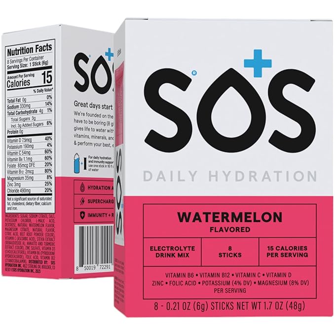 SOS Hydration Electrolyte Powder Packets, Watermelon Flavor, 8 Stick Packs – Low-Calorie, Rapid Rehydration, Made in USA, Keto & Vegan Friendly