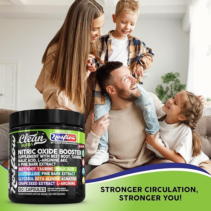 NosFlow Nitric Oxide Supplements for Men | Beet Root Taurine L-Arginine Malic Acid L-Arginine L-Citrulline Pine Bark Glycerol Agmatine Grape Seed Vitamin C B12 B3 by Clean Nutra