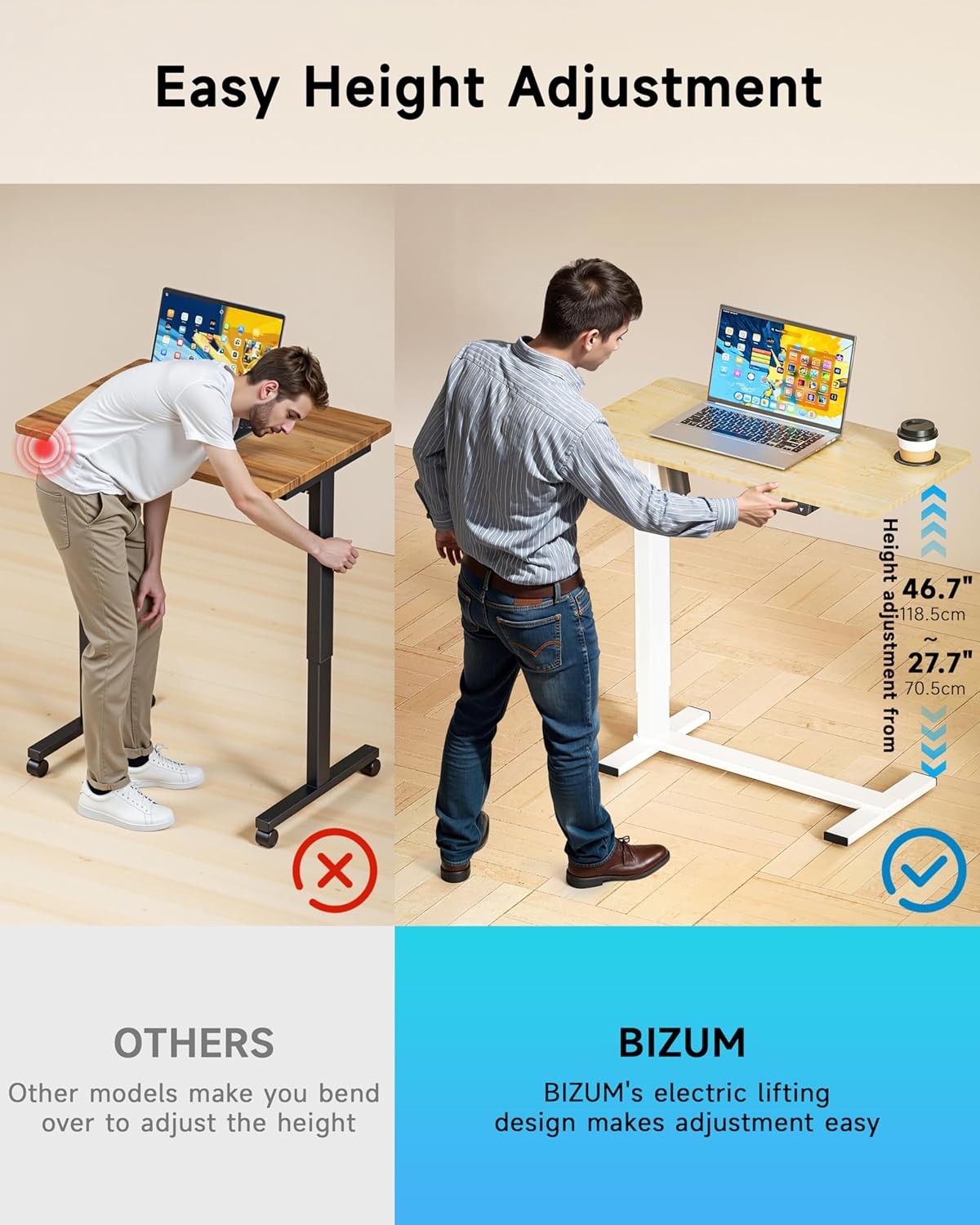 BIZUM Small Electric Standing Desk Bedside Table with Hidden Wheels 31.5 x 15.8 Inch Adjustable Computer Laptop Office Desk, Maple