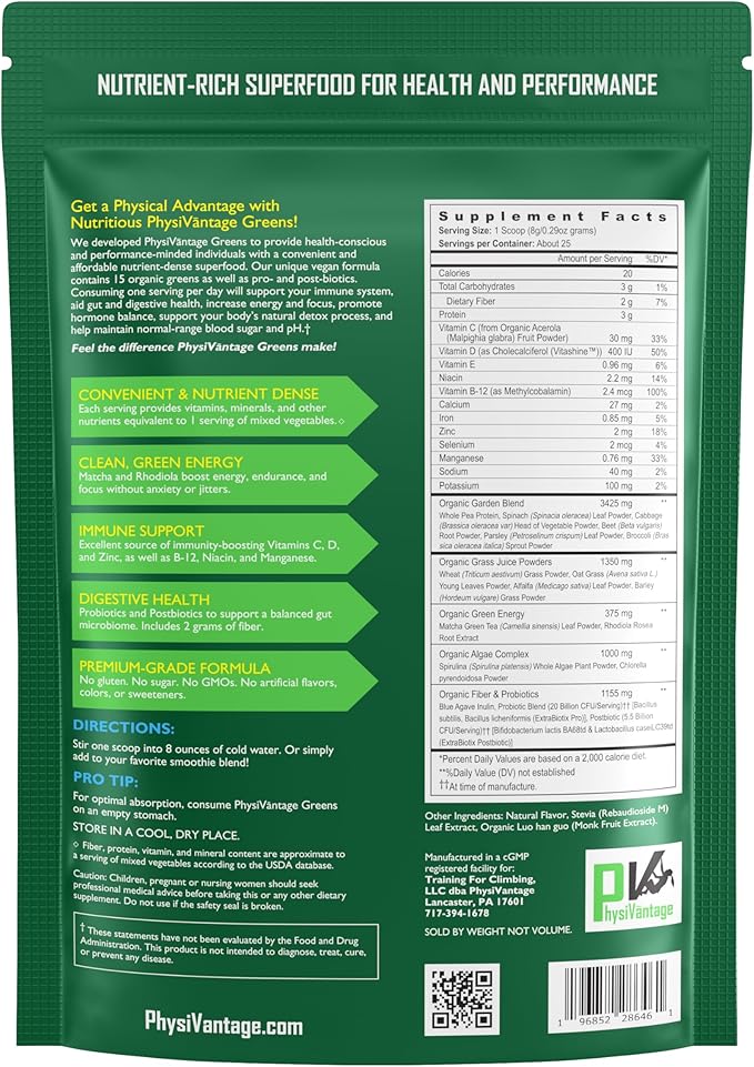PhysiVantage - Organic Greens Powder - Helps Support Energy, Immunity, & Digestive Health - Prebiotics, Probiotics, Post-biotics - Natural Detox - Vegan - 25 Servings