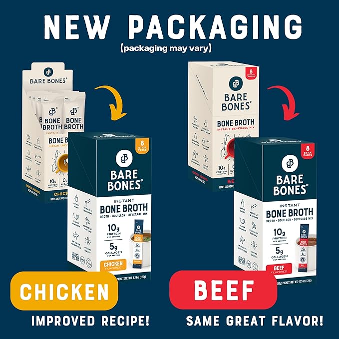 Bare Bones Bone Broth Instant Powdered Mix, Variety Pack, 8 Chicken and 8 Beef, 15g Sticks, 10g Protein, Keto & Paleo Friendly Bone Broth Packets, 16 Total Servings