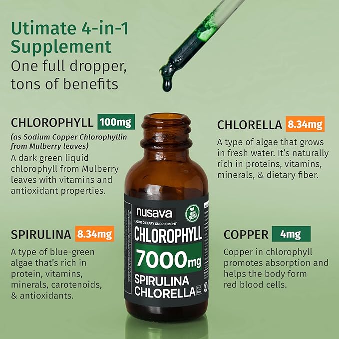 (4 Pack) 4-in-1 Vegan Chlorophyll Liquid Drops 7000mg for Immune Support, Energy, Gut and Skin Health - Liquid Chlorophyll - Internal Deodorant Enriched with Chlorella, Spirulina, & Copper, 8 Fl Oz