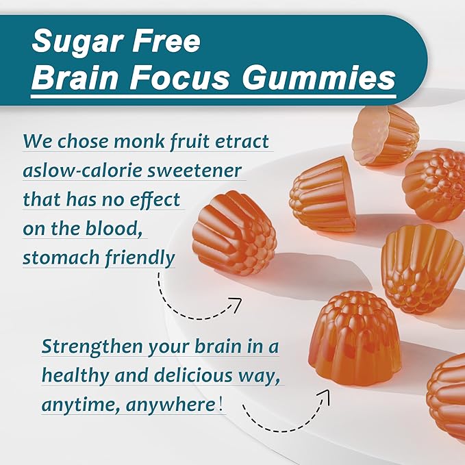 Sugar Free L-Tyrosine Gummies 300mg L-Theanine 200mg Vitamin B6 100mg & B12 500mcg, Brain Health Herbs 300mg w/Ginkgo Biloba, Rhodiola Rosea, Lion's Mane Mushroom for Sustained Focus & Energy, 1Pack