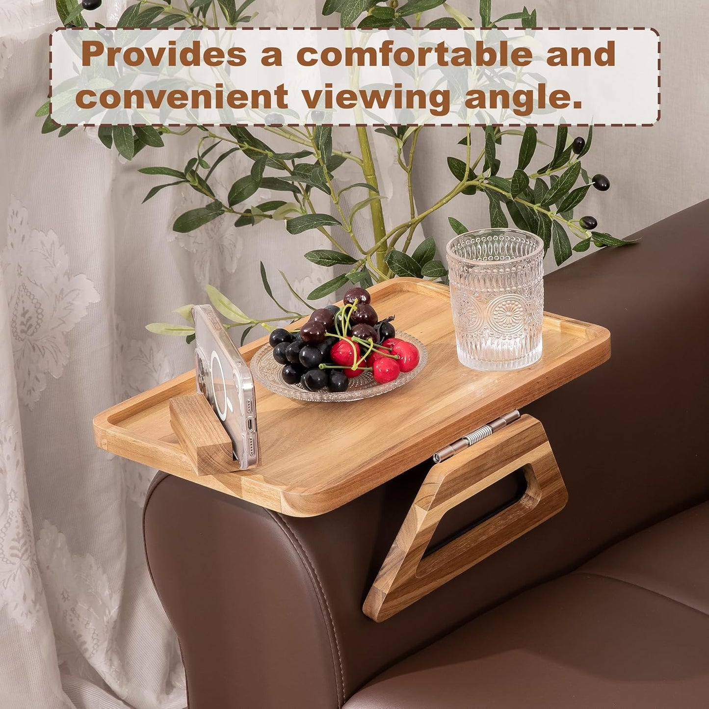 Acacia Wood Arm Table (15.35" D x 9.8" W x 5.7" H), Couch Arm Tray for TV Dinners, Remote, Foldable Armrest Organizer, Rectangular Sofa Armrest Tray - Light Natural