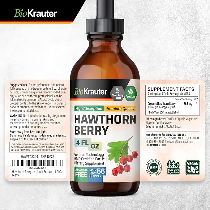 BIO KRAUTER Hawthorn Berry Extract Tincture - Natural Hawthorne Berry Supplement - 100% Pure Formula - Vegan Sugar & Alcohol Free - 4 Fl. Oz. - 56 Day of Supply