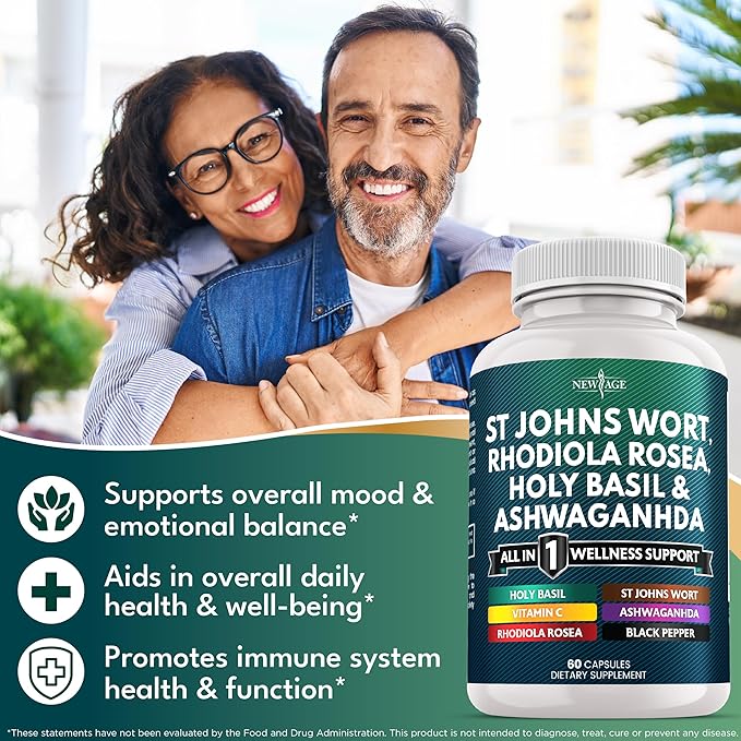NEW AGE St Johns Wort, Rhodiola Rosea, Holy Basil, Ashwagandha - Support for Women and Men with Vitamin C & Black Pepper Extract - 60 Count