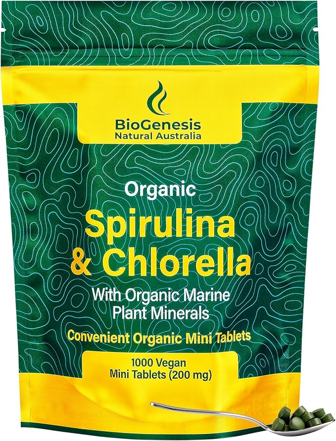 Biogenesis Organic Spirulina, Chlorella & Marine Plant Minerals - 1000 Count (200 mg) | Australian Grown Algae Superfood | Support Energy & Immunity | Vegan Mini Tablets