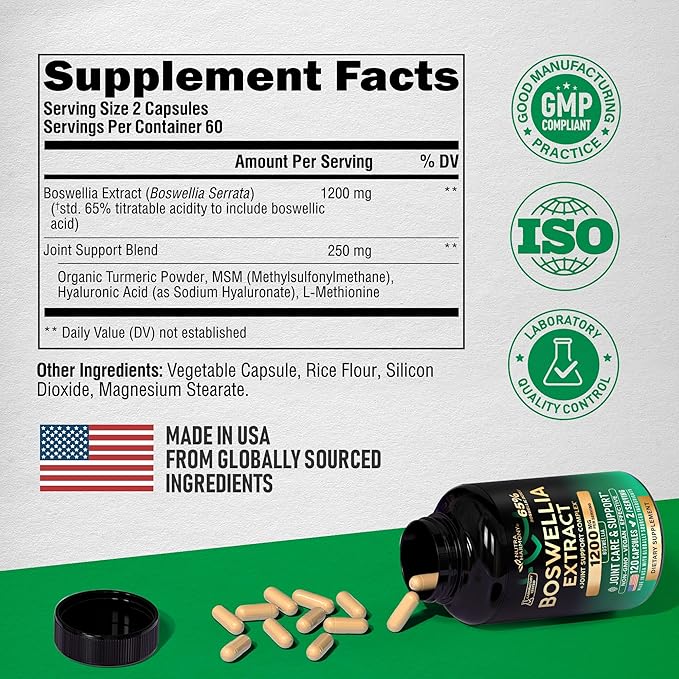 Boswellia 1200mg - Boswellia Extract | Turmeric | Hyaluronic Acid | MSM | Same - Joint Health & Comfort - Boswellia Serrata | 65% Boswellic Acid - for Men & Women - Made in USA - 120 Capsules