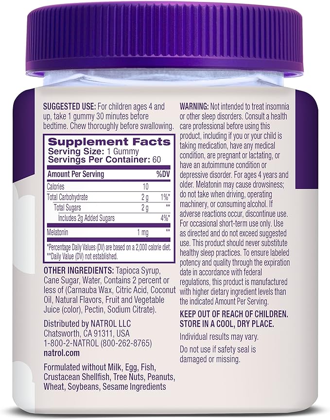 Natrol Kids Melatonin Gummies 1mg, Children's Melatonin for Restful Sleep, 60 Raspberry-Flavored Sleep Gummies, 60 Day Supply