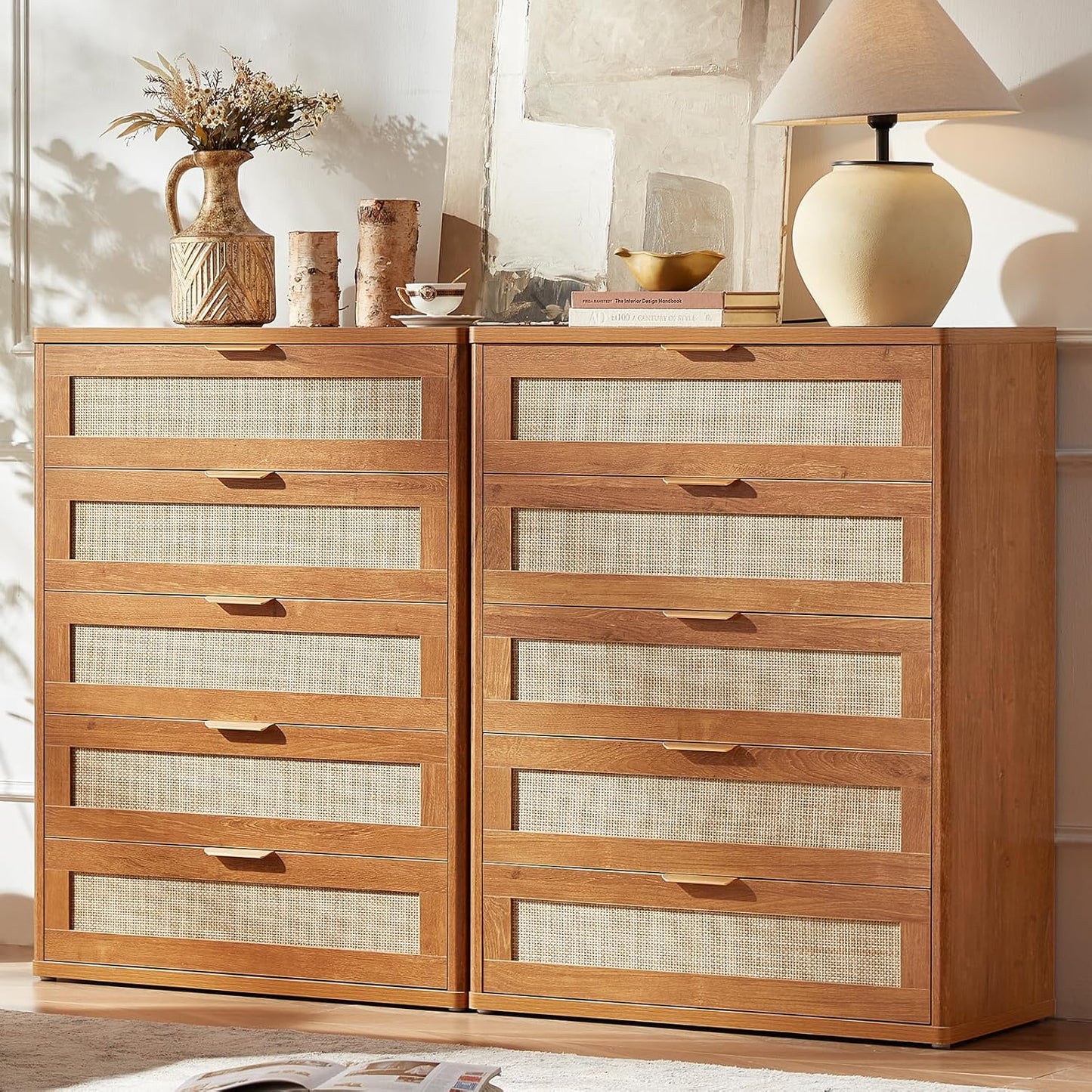 LEYAOYAO Rattan Dresser for Bedroom Set 2, 41" Tall Dressers Chest of Drawers, Boho Small Dressers with 5 Drawers, Tea Brown Dresser Wooden Closet Organizer for Living Room, Hallway