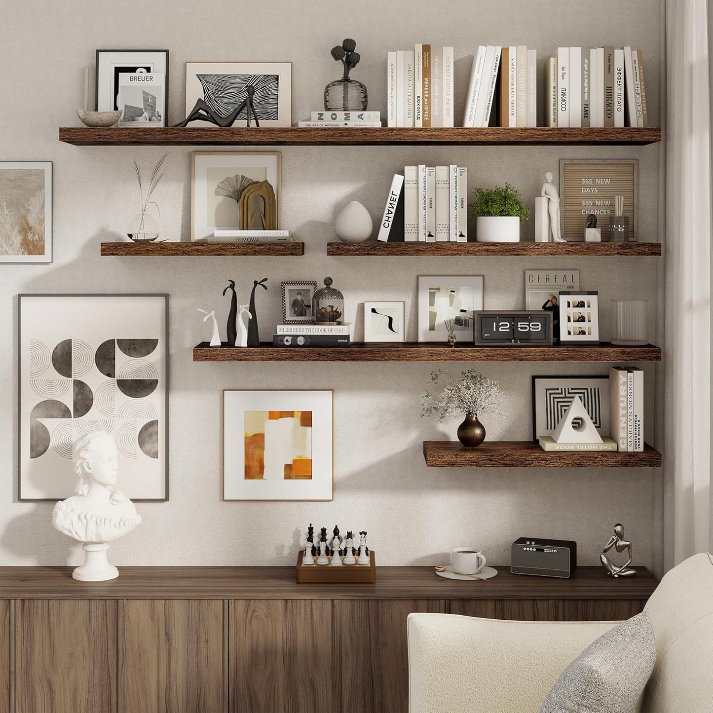 Floating Shelves for Wall, 27.5 Inch Bathroom Shelves Set of 2, Rustic Wood Wall Shelf with Invisible Brackets for Books|Storage|Decor, 8 Inch Deep Floating Shelf for Bedroom|Kitchen, Rustic Brown