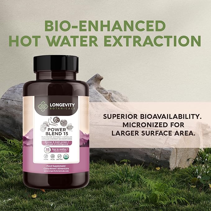 Longevity Botanicals Power 15 Mushroom Blend Capsules (90) | Lion’s Mane, Turkey Tail, Reishi, Chaga, Cordyceps, Maitake, Tremella & More | 10:1 Extract | Complex Mix for Immune & Vitality Support