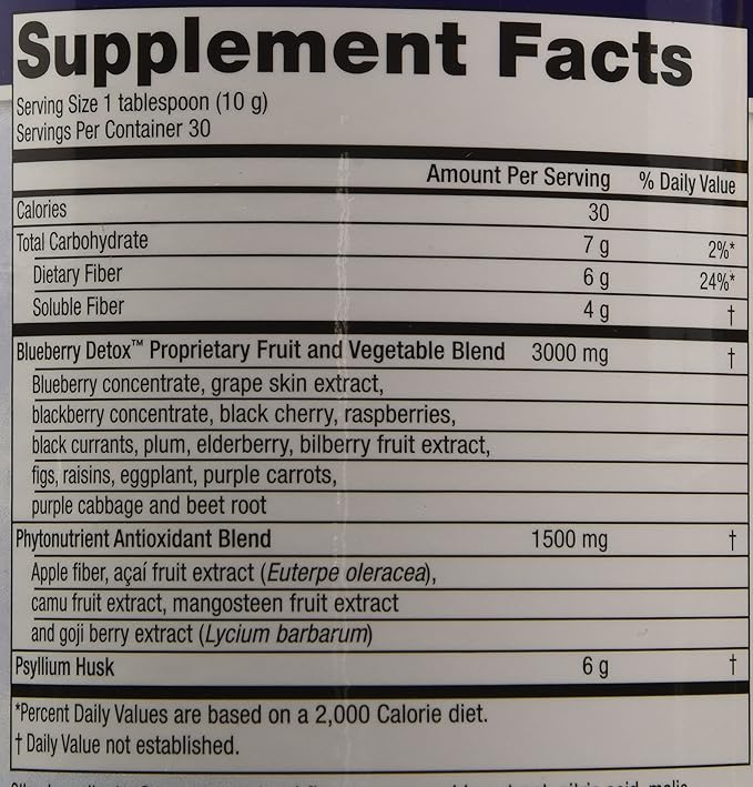 Advanced Blueberry Detox Daily Fiber Formula by Purity Products - Featuring PurityBlue Organic Wild Blueberries - A Full 6 Grams of Detoxifying, Regularity Promoting Prebiotic Fiber - 30 Servings