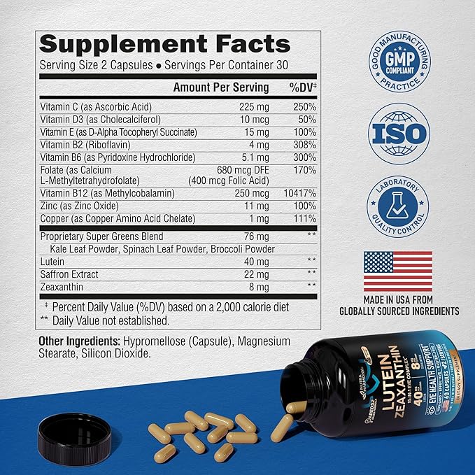 Eye Vitamins - Lutein and Zeaxanthin Supplements - AREDS2 Based Supplement for Seniors & Adults - Eye Health & Vision Support - Saffron, Zinc, Vitamins, Copper, Super Greens - Made in USA, 60 Capsules