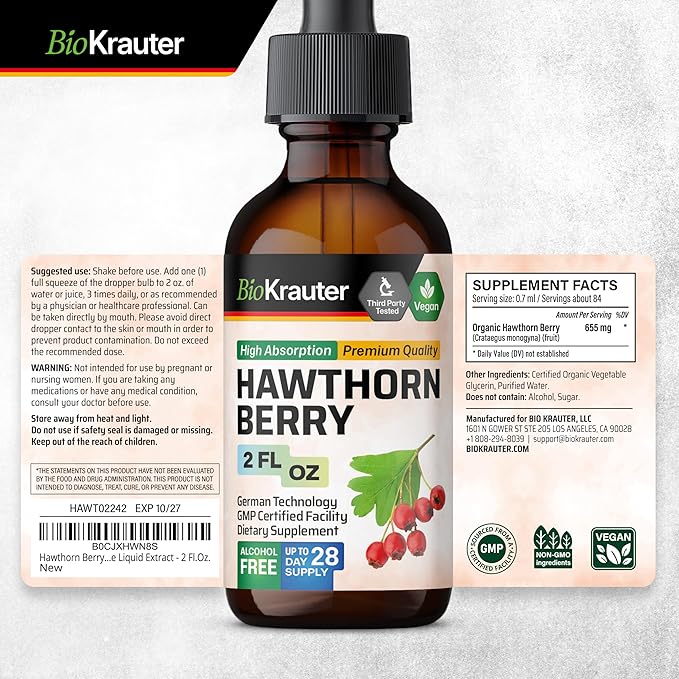BIO KRAUTER Hawthorn Berry Extract - Vegan Hawthorne Supplement - Alcohol and Sugar Free - 2 Fl.Oz.