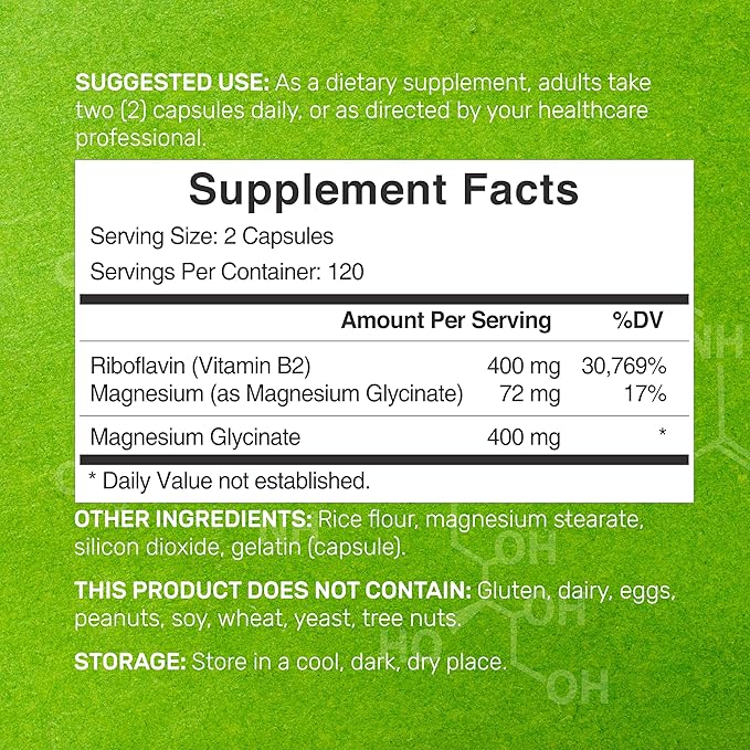 DEAL SUPPLEMENT Vitamin B2 400mg (Riboflavin) | with Magnesium Glycinate 400mg, 240 Capsules – 2 in 1 Support Healthy Nervous System, Mood, Blood & Energy Production, Non-GMO