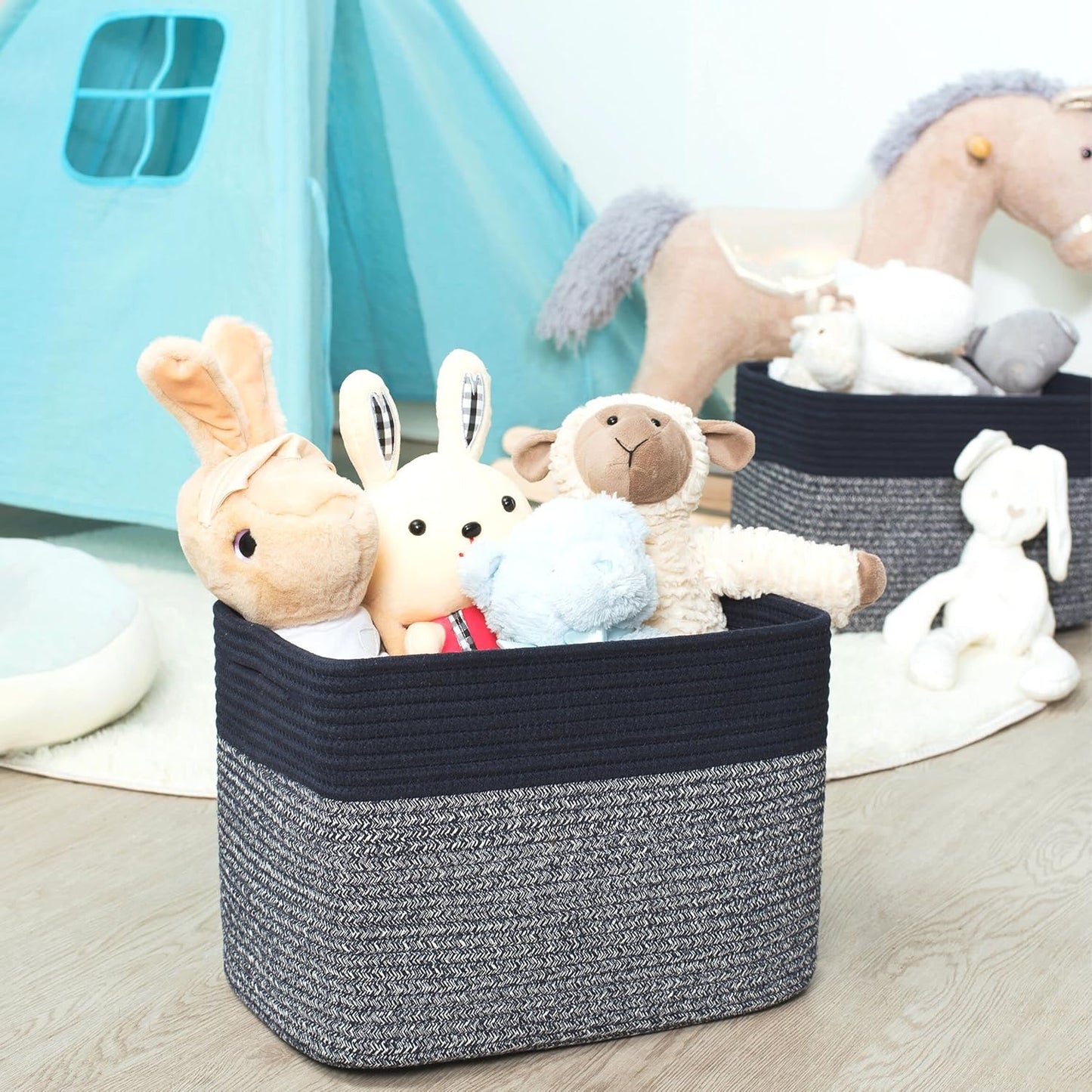 MINTWOOD Design 3-Pack Storage Baskets for Shelves, Playroom and Classroom, Book Basket, Decorative Storage Cube Bins, Woven Closet Organizers, Pantry and Shoe Organizer, Navy Blue