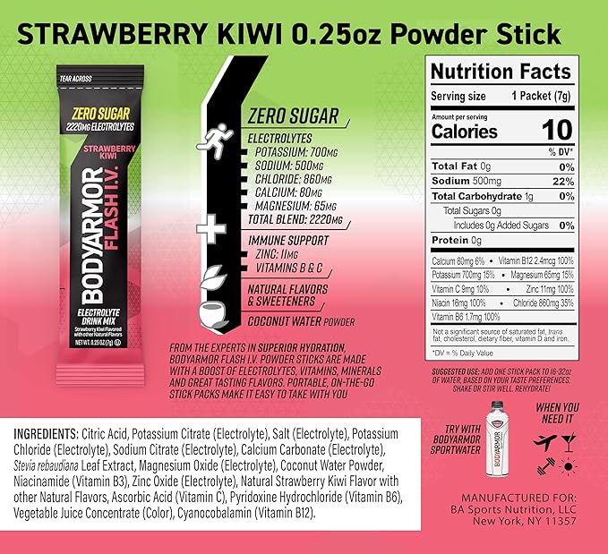 BODYARMOR Flash IV Electrolyte Packets, Strawberry Kiwi - Zero Sugar Drink Mix, Single Serve Packs, Coconut Water Powder (15 Count)