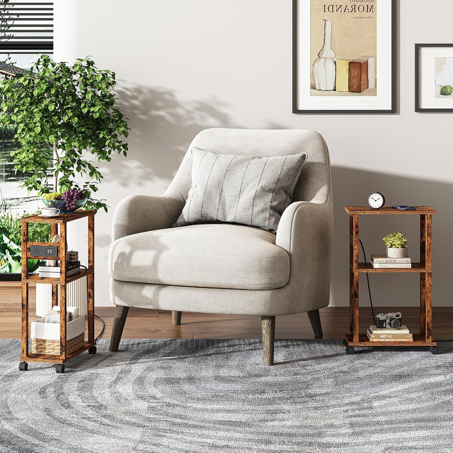 TUTOTAK Small Narrow Side Table with Charging Station, Skinny End Table for Small Spaces, Slim Nightstand with USB Ports and Outlet, Sofa Beside Table with Wheels, Rustic Brown TB01BB047C