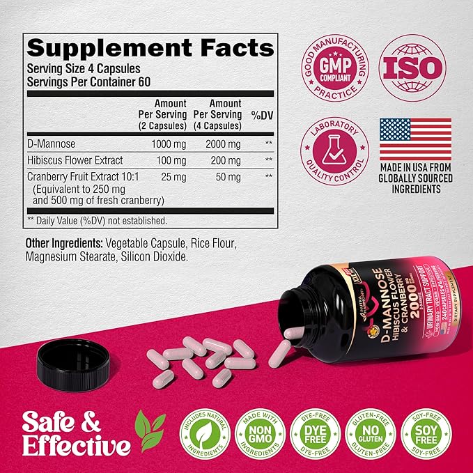 D-Mannose 2000mg with Cranberry & Hibiscus - Clinically Tested Strength for Urinary Tract Health - Supplement for Women - Bladder, Liver & Microflora Support - Made in USA - Vegan, 240 Capsules