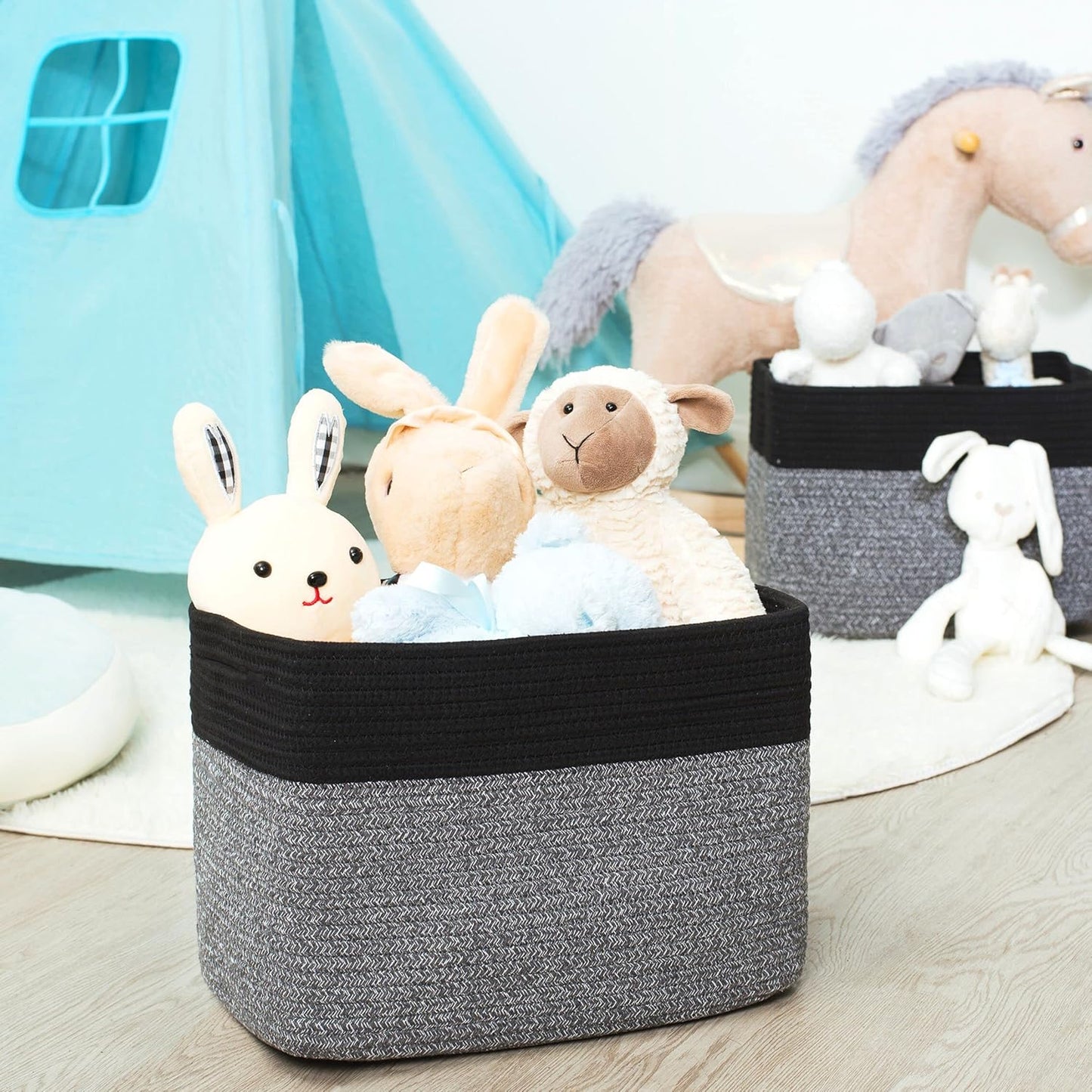 MINTWOOD Design 3-Pack Storage Baskets for Shelves, Playroom and Classroom Storage Basket, Book Basket, Decorative Storage Cube Bins, Woven Closet Organizers, Pantry and Shoe Organizer, Black Grey Mix