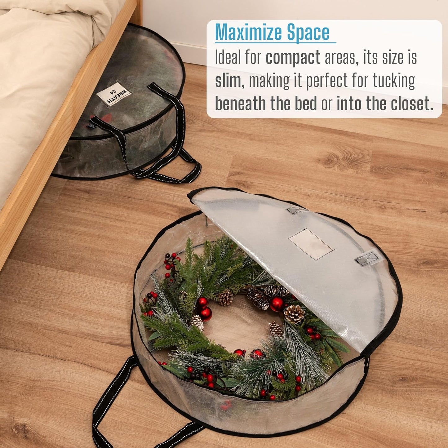 VENO 4 Pack Christmas Wreath Storage Container - 24 Inch Clear Wreath Bag, Christmas Garland and Holiday Decoration Organizers with Zipper and Durable Handles (Clear, 24"-4 Pack)