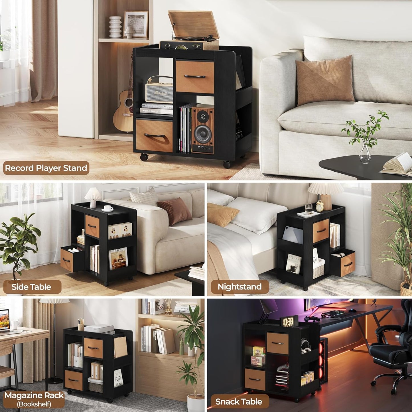 Yaheetech Narrow Side Table with Storage, Wooden Rolling Nightstand Bedside Table with Wheels, Magazine Racks and Open Shelves, End Table with Drawers for Living Room Bedroom, Black