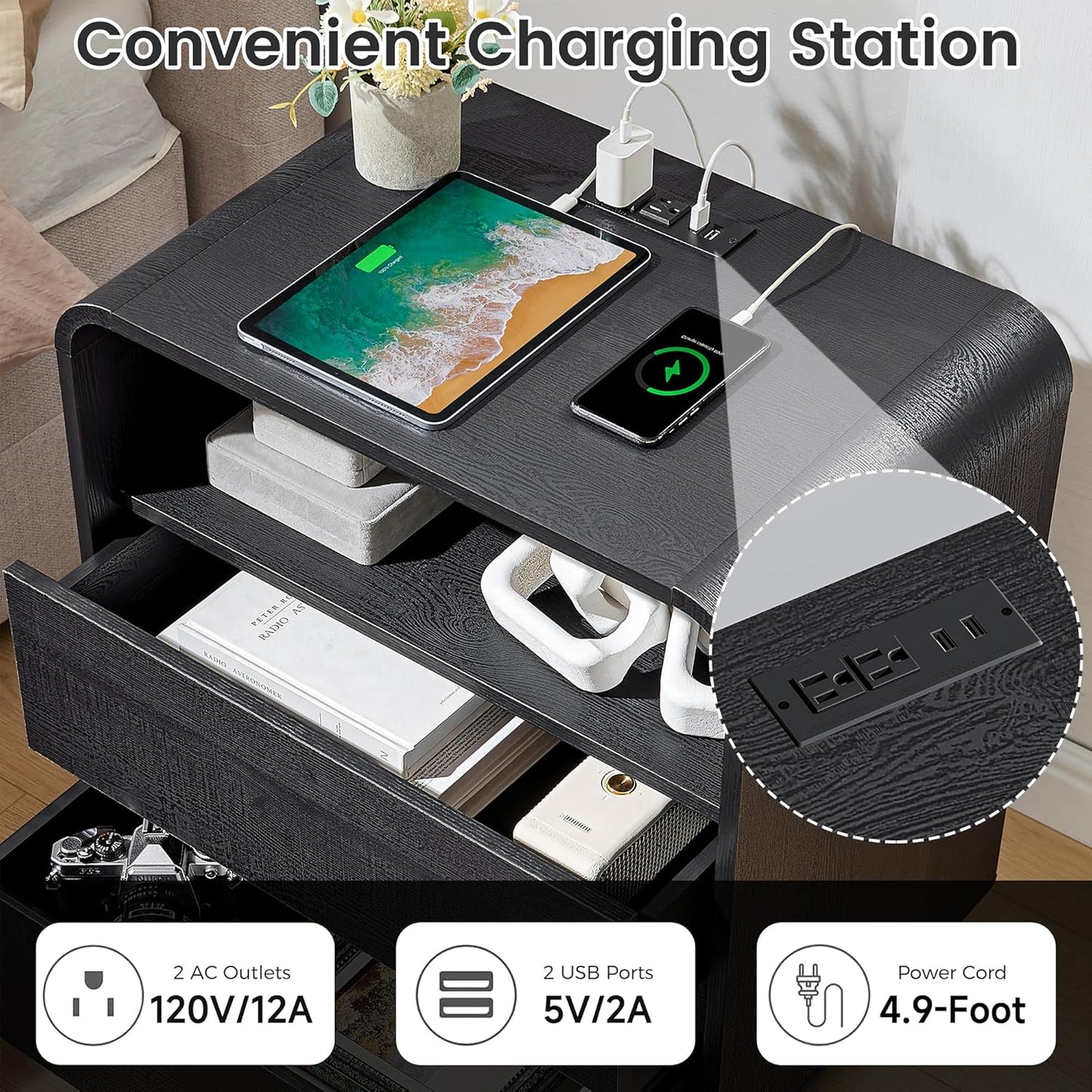 Black Curved Nightstand Set of 2 with Charging Station, 23.2" Wide Wood Bedside Table 2 Storage Drawers, Modern Side Table Handleless, Large End Table Night Stand for Bedroom