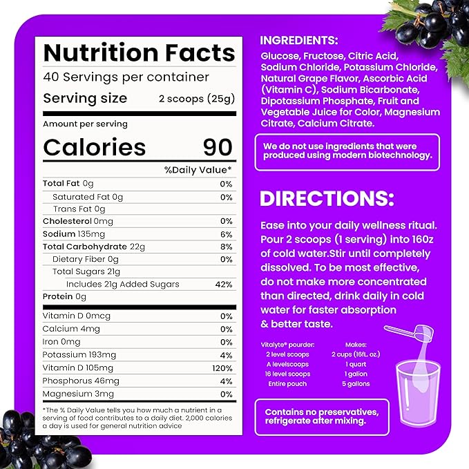 Vitalyte Electrolyte Powder Drink Mix, Isotonic Electrolyte Hydration Mix, Gluten Free Post Workout Powder Mix, Pack of 2, 35 oz. Each, Grape Flavor