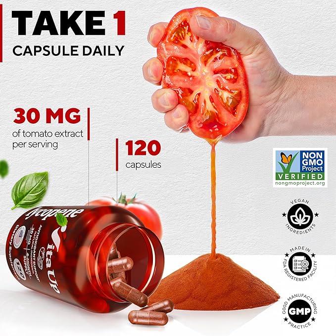Lycopene Supplements for Men - USA Made Prostate Supplements for Men with Natural Tomato Extract - Non-GMO Lycopene Supplement for Prostate, Skin & Antioxidant Support - 120 Count