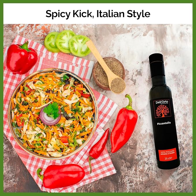 Dell'Orto Piccantolio Chili Olive Oil Extra Virgin (250ml) | Hot Peppers, Cold Pressed Spicy Olive Oil | Bold for Meats & Pasta | Award-Winning, Harvest Date | 8.45 fl oz