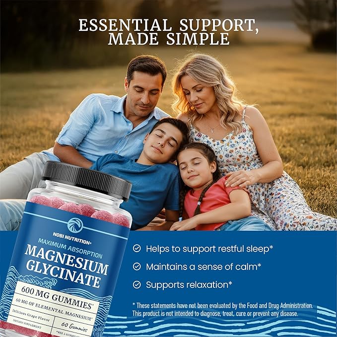 Magnesium Glycinate Gummies 600MG | Sleep, Calm & Relaxation Support | 60MG Elemental Mag Per Serving | Grape Flavor, Gluten-Free | High Absorption Magnesium Gummies for Women, Men & Family | 60 Ct