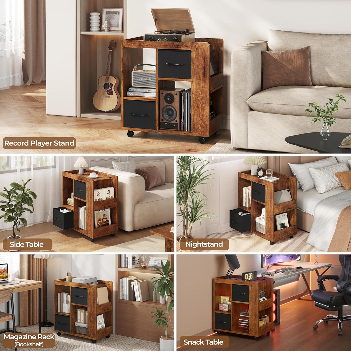 Yaheetech Narrow Side Table with Storage, Wooden Rolling Nightstand Bedside Table with Wheels, Magazine Racks and Open Shelves, End Table with Drawers for Living Room Bedroom, Rustic Brown