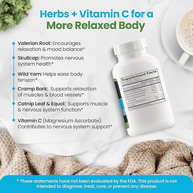 Daily Tension Release – Synergistic Herbal & Vitamin C Formula for Muscle Relaxation Support - With Valerian Root, Skullcap & Catnip for Occasional Stress Support - Non-Drowsy, Natural Support