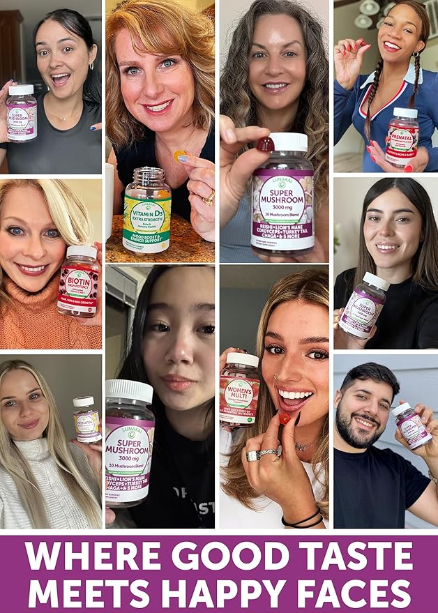 Lunakai USA Made Super Mushroom Gummies for Adults – 10-in-1 Adaptogenic Mushroom Supplement with Lion's Mane - Focus & Brain Support, 60ct