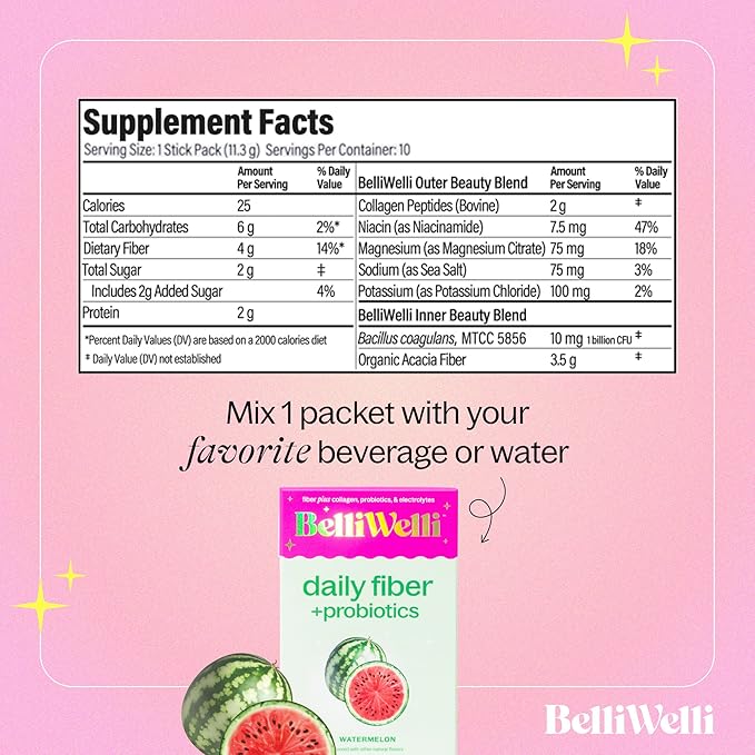Daily Fiber Supplement Packets with Collagen, Probiotics & Electrolytes | Single Serve Packets for Gut Health, Digestion & Debloating | Watermelon | 10 Count