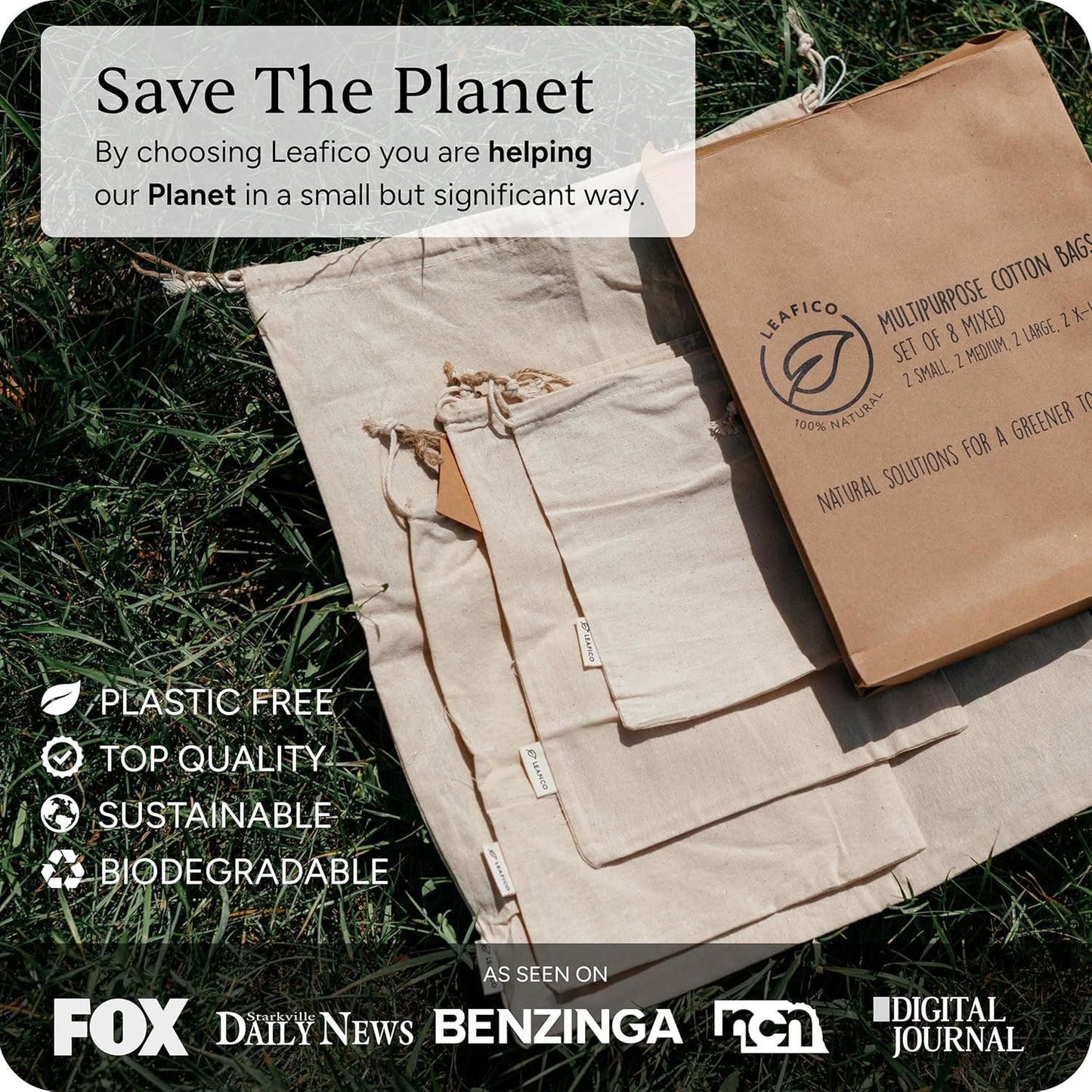 LEAFICO Cotton Storage Bags – X-Large 14x17 Inch (6-Pack) – Reusable Muslin Bags with Drawstrings – Biodegradable Canvas Fabric Sacks – Perfect for Bread, Bulk Produce, Potatoes, Onions, Shoes