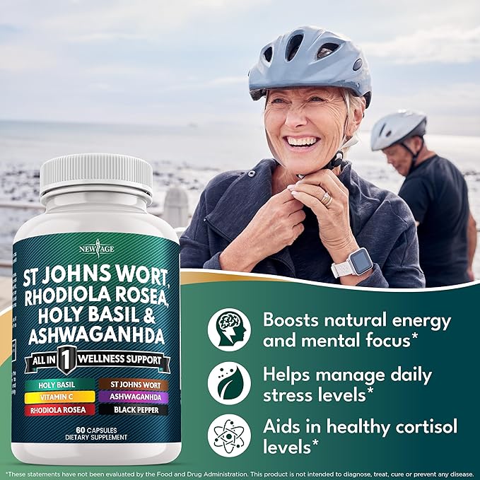 NEW AGE St Johns Wort, Rhodiola Rosea, Holy Basil, Ashwagandha - Support for Women and Men with Vitamin C & Black Pepper Extract - 60 Count