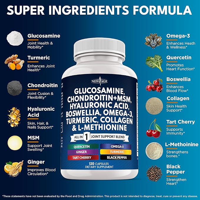 Glucosamine Chondroitin, MSM, Turmeric Curcumin, Collagen, Hyaluronic Acid, Omega 3 – Joint Health Supplement for Men & Women – 120 Count