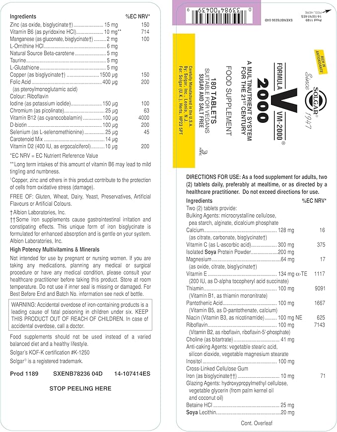 Solgar Formula VM-2000 (Multinutrient System), 180 Tablets - Premium Quality Multiple - Contains Zinc - Supports A Healthy Immune System - Vegan, Dairy Free, Kosher - 90 Servings