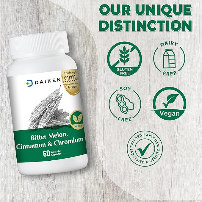 DAIKEN Bitter Melon 90,000 mg Equivalent, Enriched with Cinnamon, Chromium & Zinc, 100% Vegetarian Bitter Melon Capsules, 60 Capsules