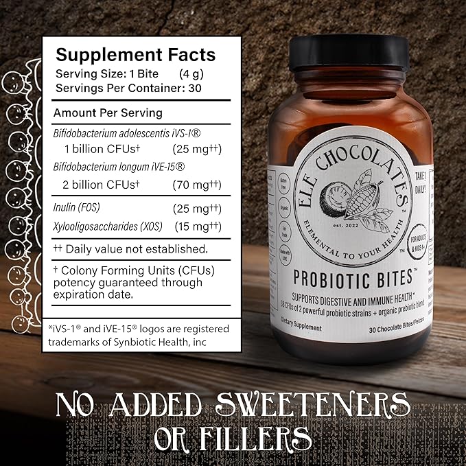 Dark Chocolate Daily Probiotic Supplement Bites 3 Billion CFUs for Digestive Gut Health, Immune Support for Women, Men and Kids, 100% Natural and Organic, Gluten-Free, 2-Pack
