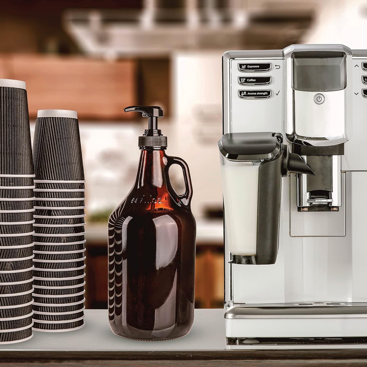 Half Gallon Glass Pump Dispenser Bottle, Large Jug with Pump for Laundry Soap Dispenser, Liquid Detergent, Fabric Softener, Syrup Pump - 64 oz Capacity - Amber Bottle- Pack of 2, by Kitchentoolz