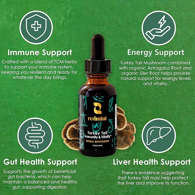 Redmint Turkey Tail Mushroom Herbal Tincture -Immunity & Vitality | Rooted in Ancient TCM Wisdom | Turkey Tail Extract for Immune Support and Digestive Health | Organic Mushroom Supplement | 1 Fl oz