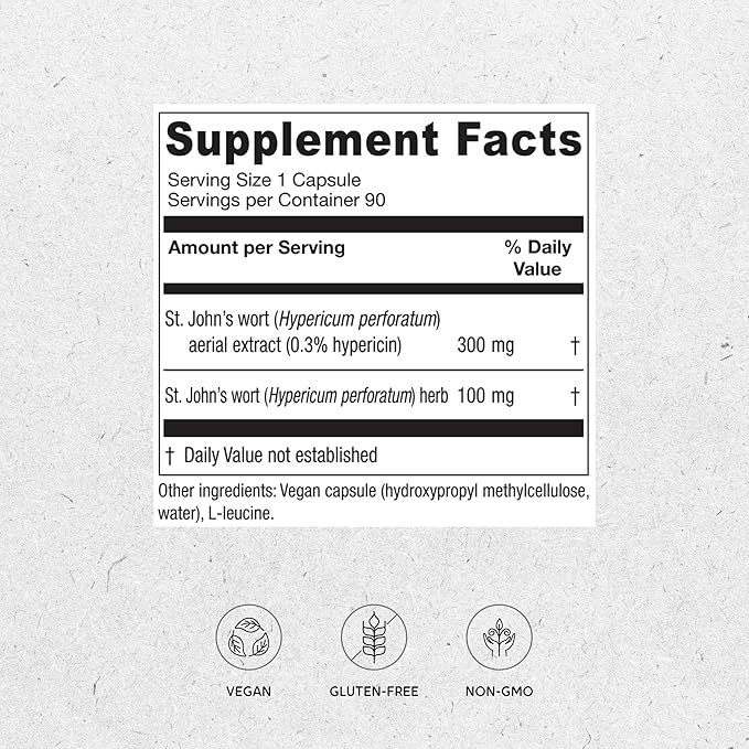 Vitanica St. John's Wort Capsules - Non-GMO Potent 0.3% (900mcg) Hypericin, Saint Johns Wort for Mood, Emotional & PMS Support, Vegan Supplement, 90 Count (St. John's Wort)